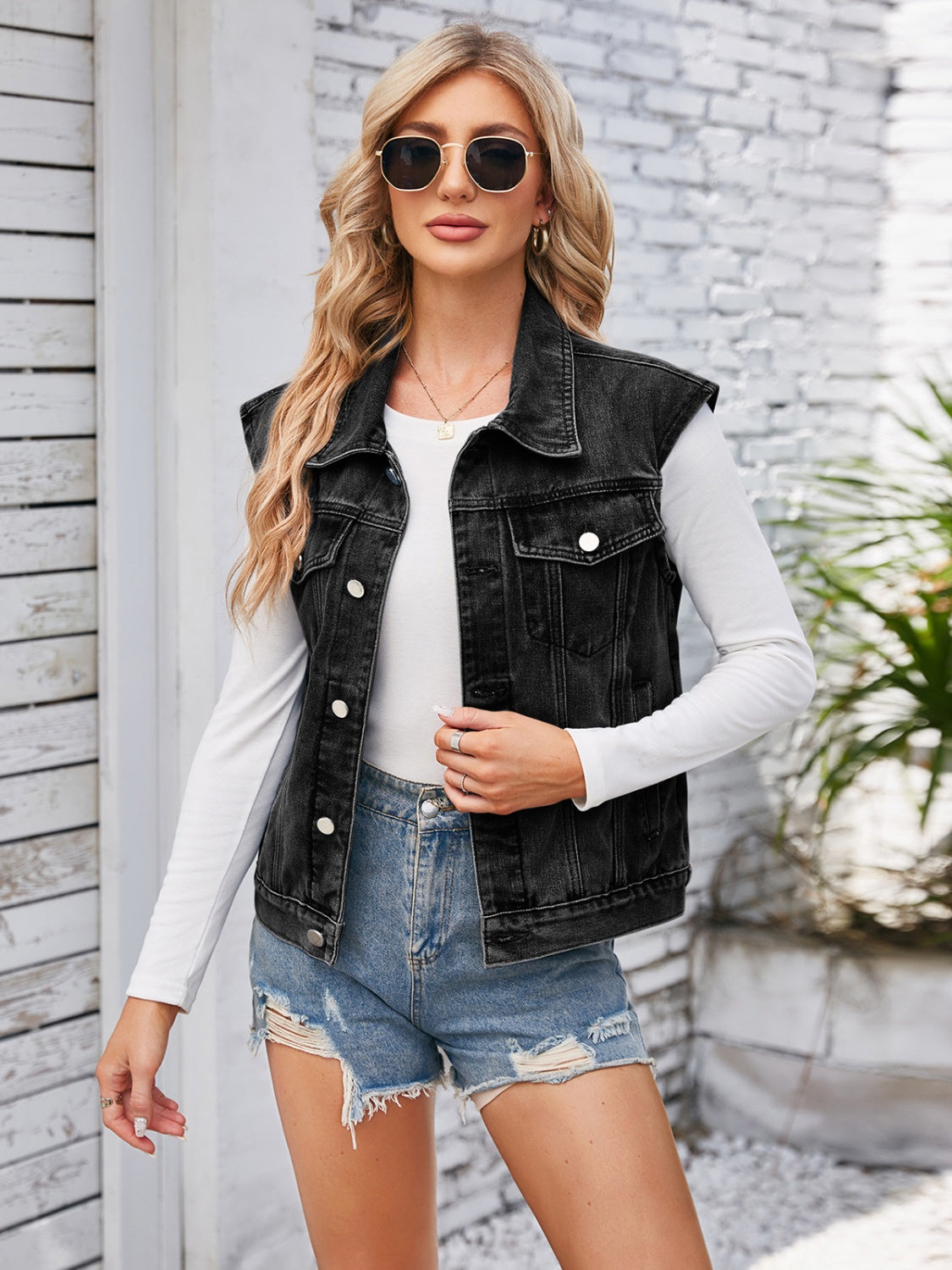 Buy black Button Up Cap Sleeve Denim Jacket