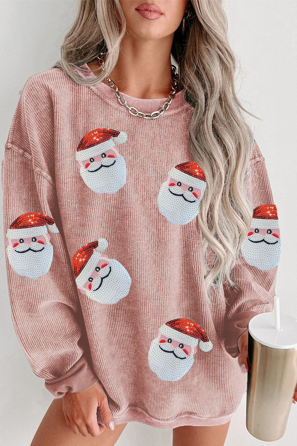 Buy blush-pink Sequin Santa Patch Ribbed Sweatshirt