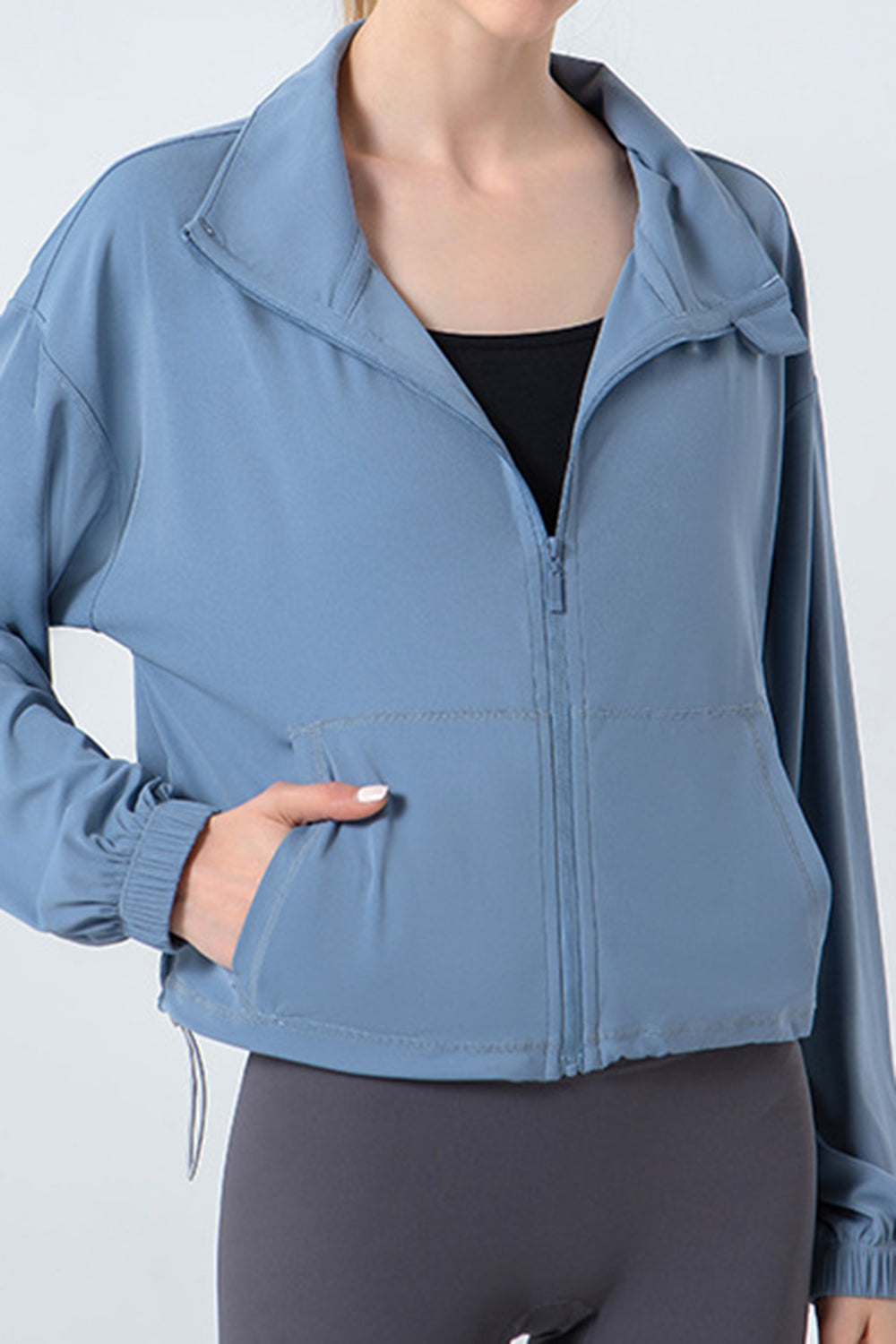 Buy light-blue Drawstring Zip Up Dropped Shoulder Active Outerwear