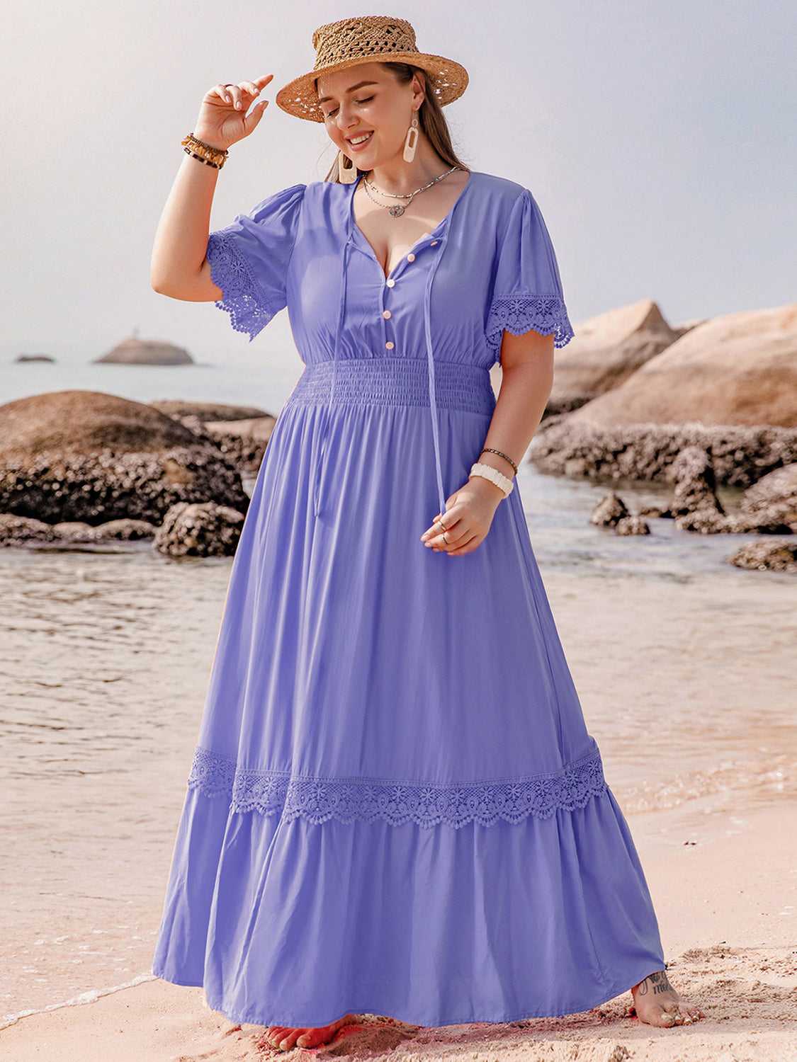 Buy lavender Plus Size Lace Detail Tie Neck Short Sleeve Maxi Dress