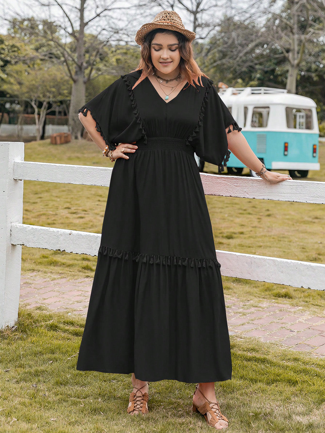 Buy black Plus Size Tassel Trim V-Neck Short Sleeve Ruffle Hem Dress