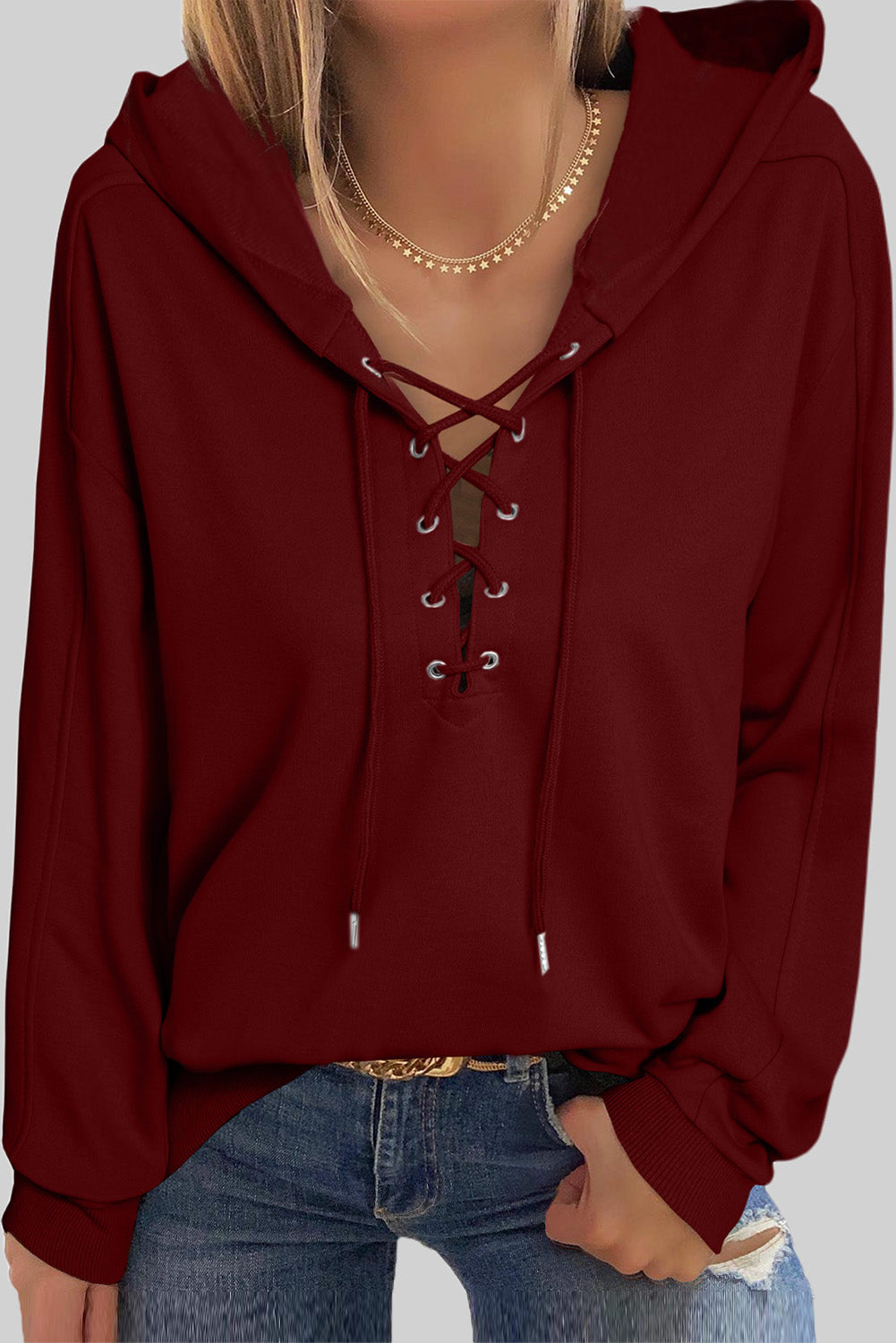 Buy burgundy Lace-Up Dropped Shoulder Hoodie