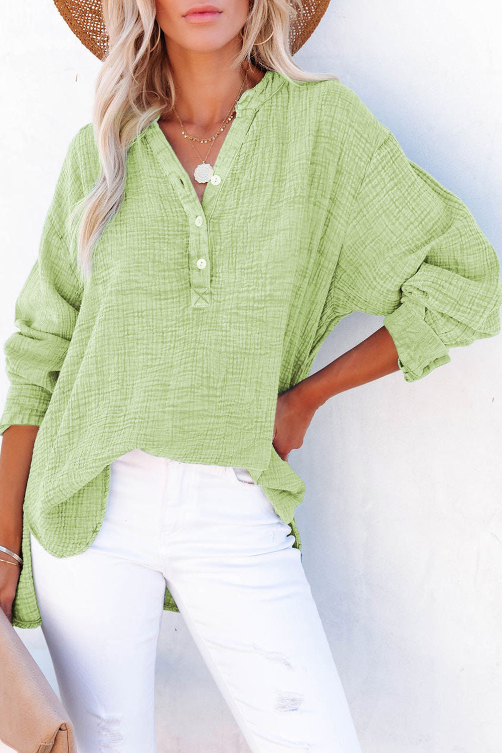 Buy gum-leaf Buttoned Long Sleeve Blouse