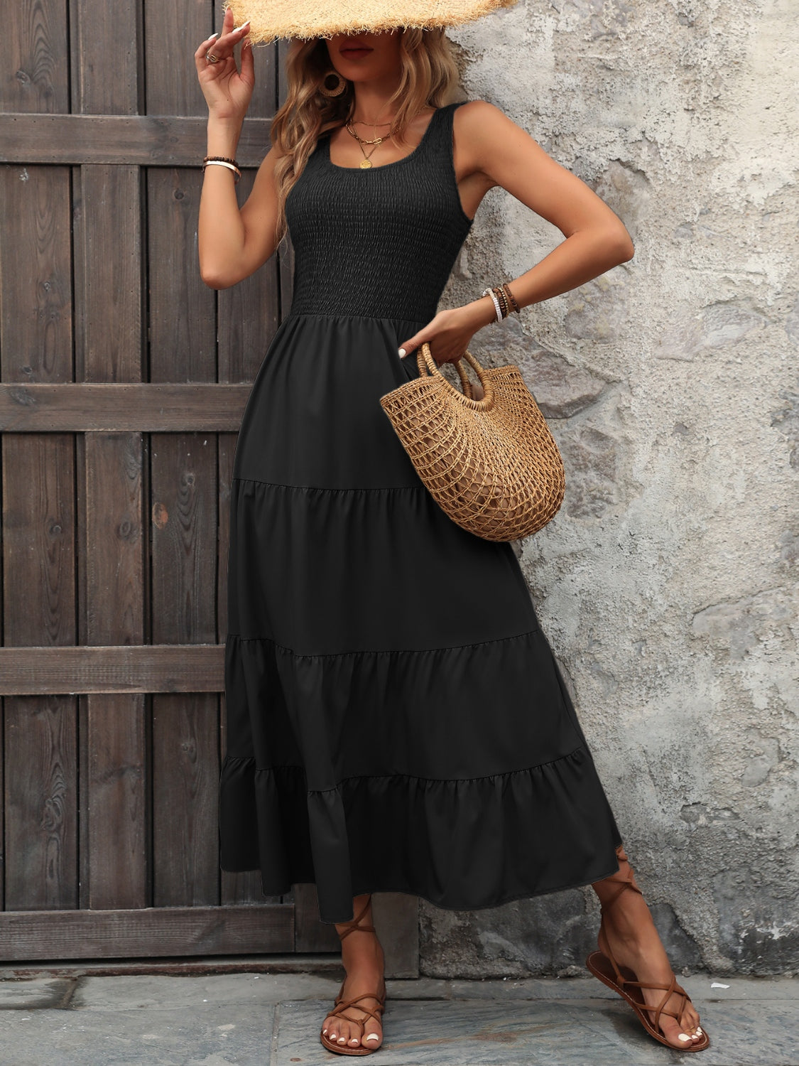 Buy black Ivy Lane Smocked Scoop Neck Sleeveless Tank Dress