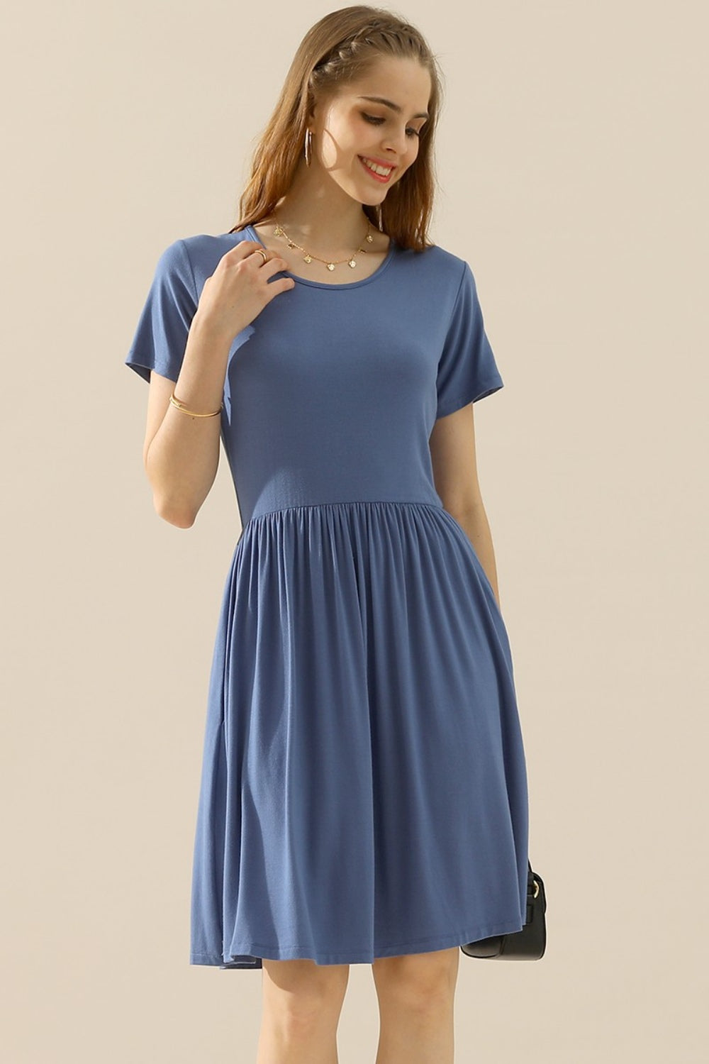 Buy denimblue Ninexis Full Size Round Neck Ruched Dress with Pockets