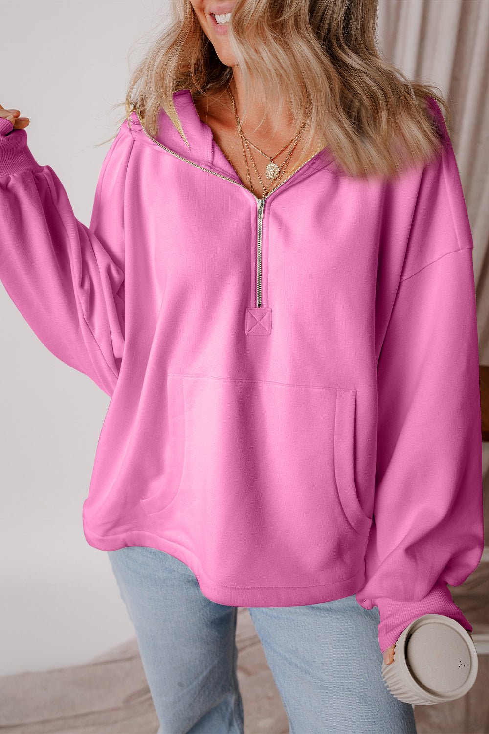 Buy pink Pocketed Half Zip Dropped Shoulder Hoodie