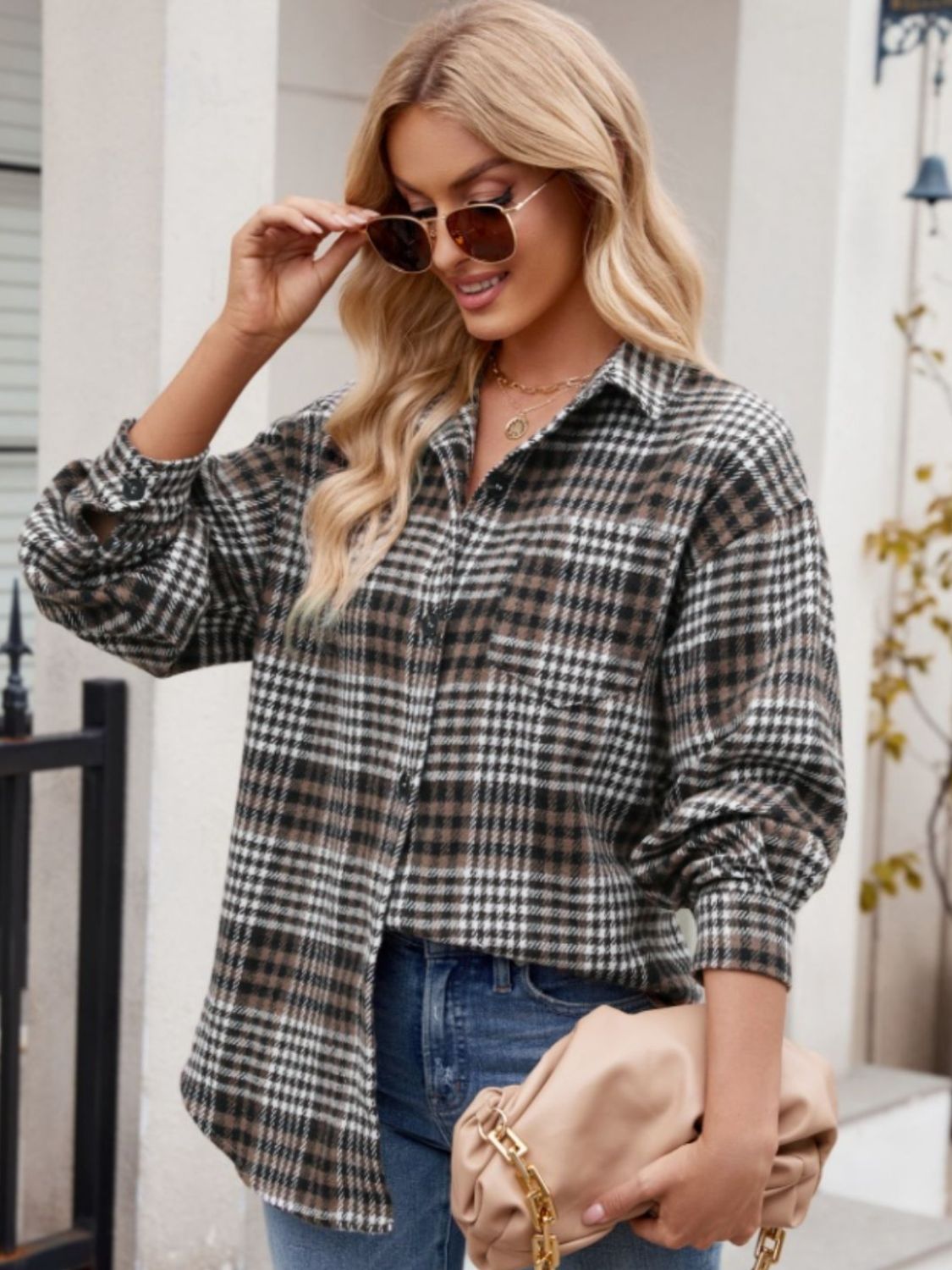 Buy chocolate Mandy Pocketed Plaid Collared Neck Long Sleeve Shirt