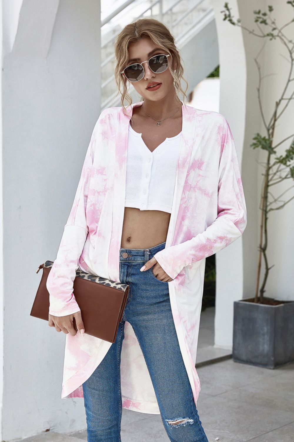 Buy blush-pink Tie-Dye Open Front Longline Cardigan