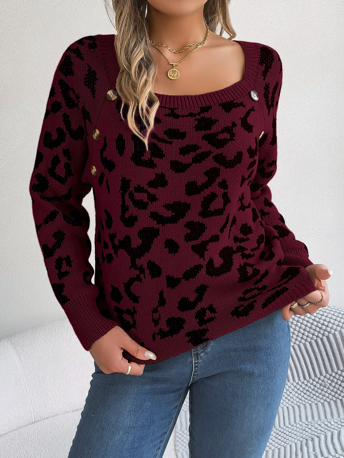 Buy wine Leopard Buttoned Square Neck Sweater