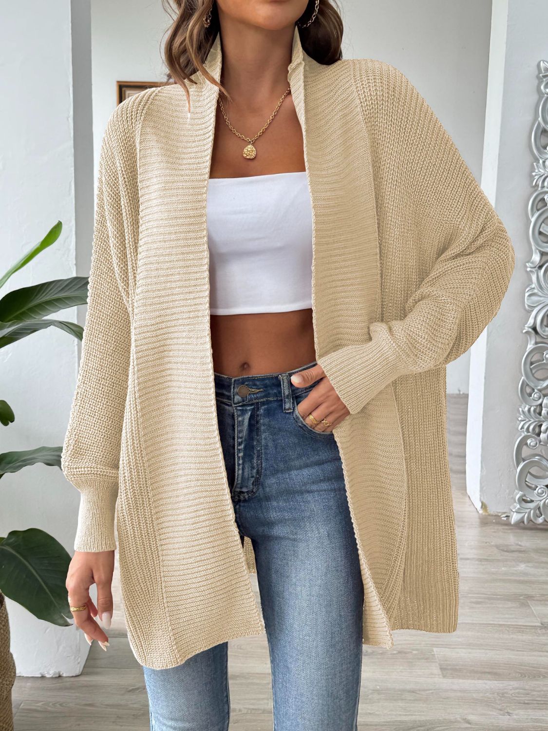 Buy tan Open Front Long Sleeve Cardigan