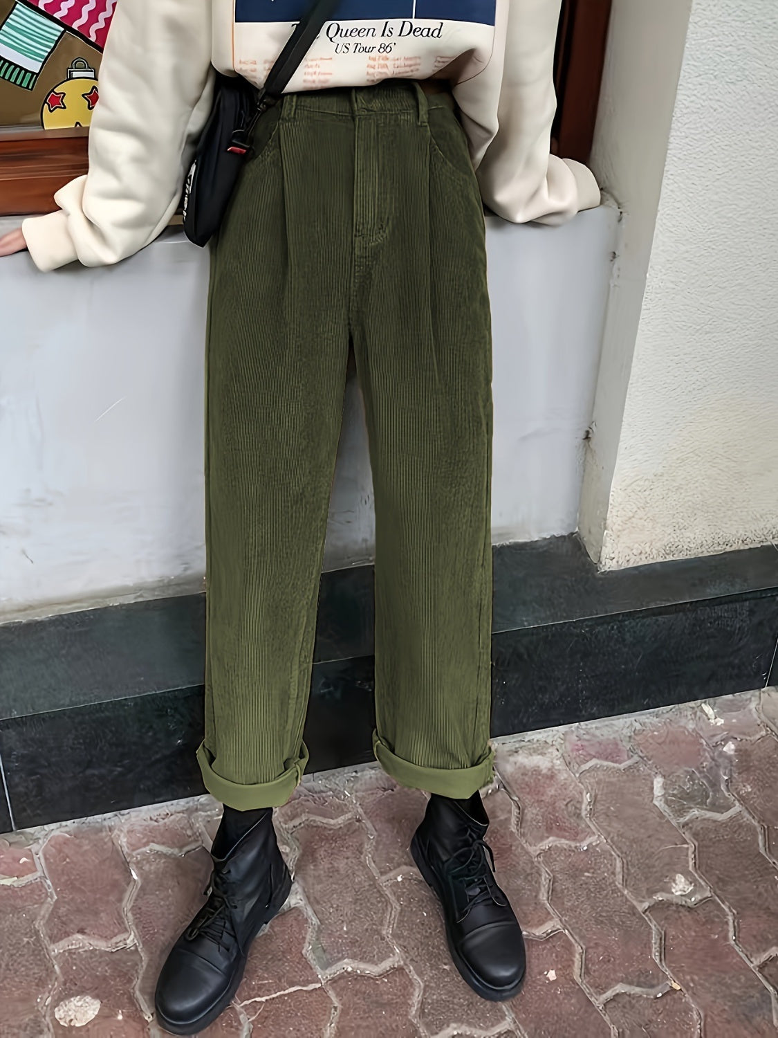 Buy matcha-green Corduroy High Waist Cropped Straight Pants