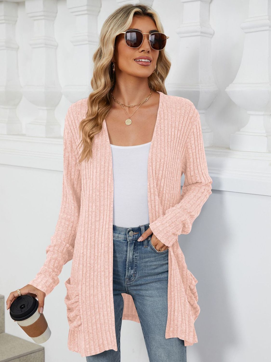 Buy watermelon-pink Pocketed Open Front Long Sleeve Cardigan