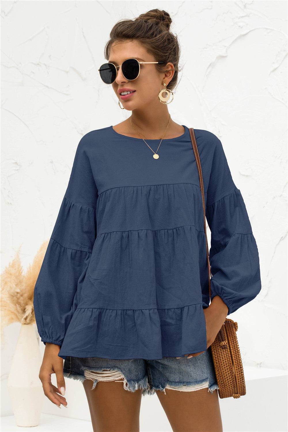 Buy navy Round Neck Bubble Sleeve Tiered Blouse