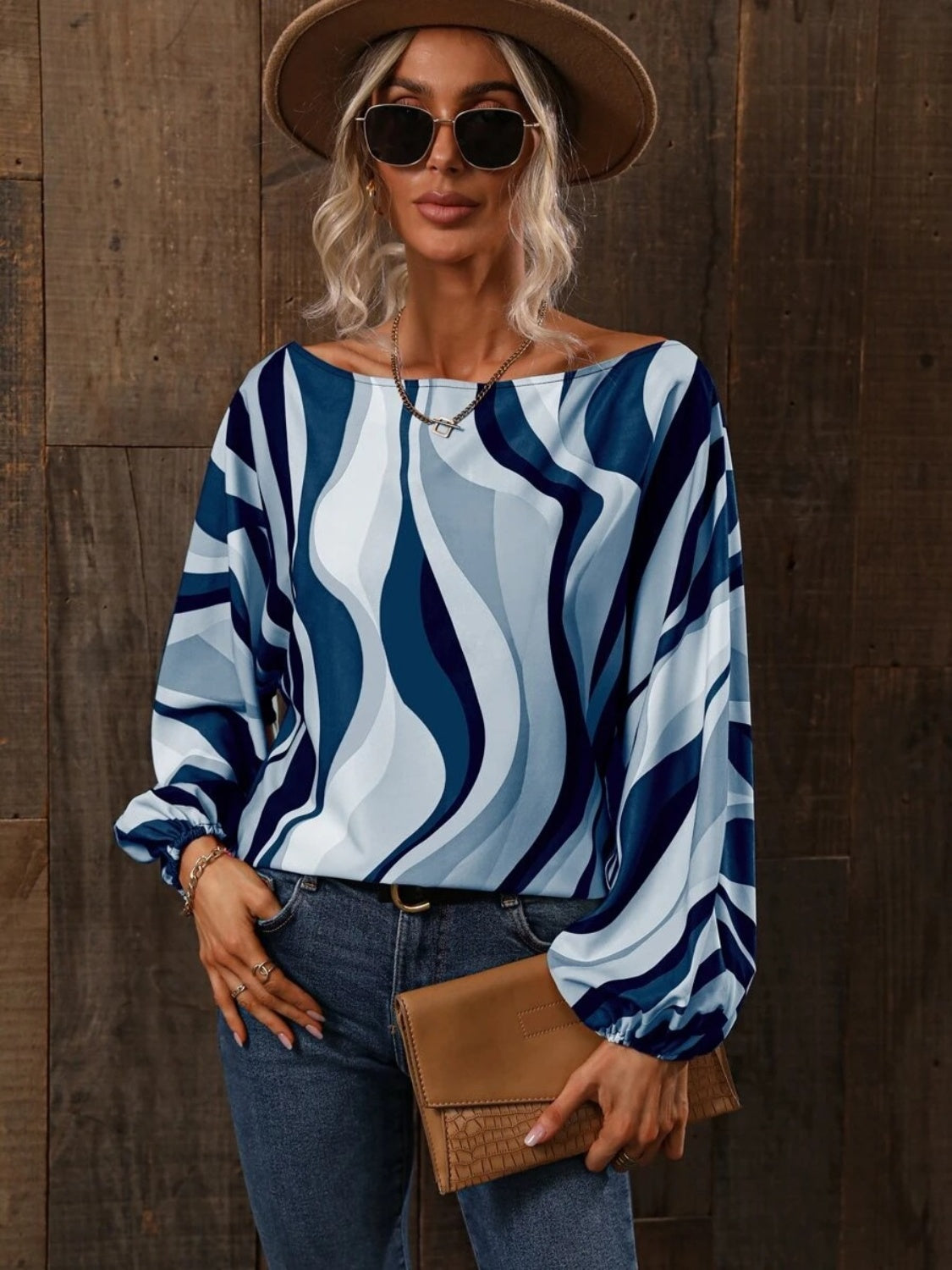 Buy sky-blue Printed Boat Neck Blouse