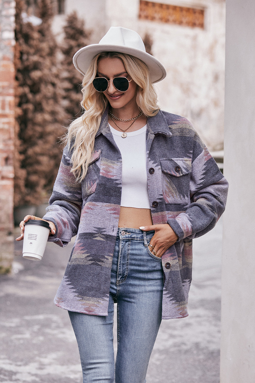 Buy pink-purple Mandy Geometric Dropped Shoulder Jacket with Pockets