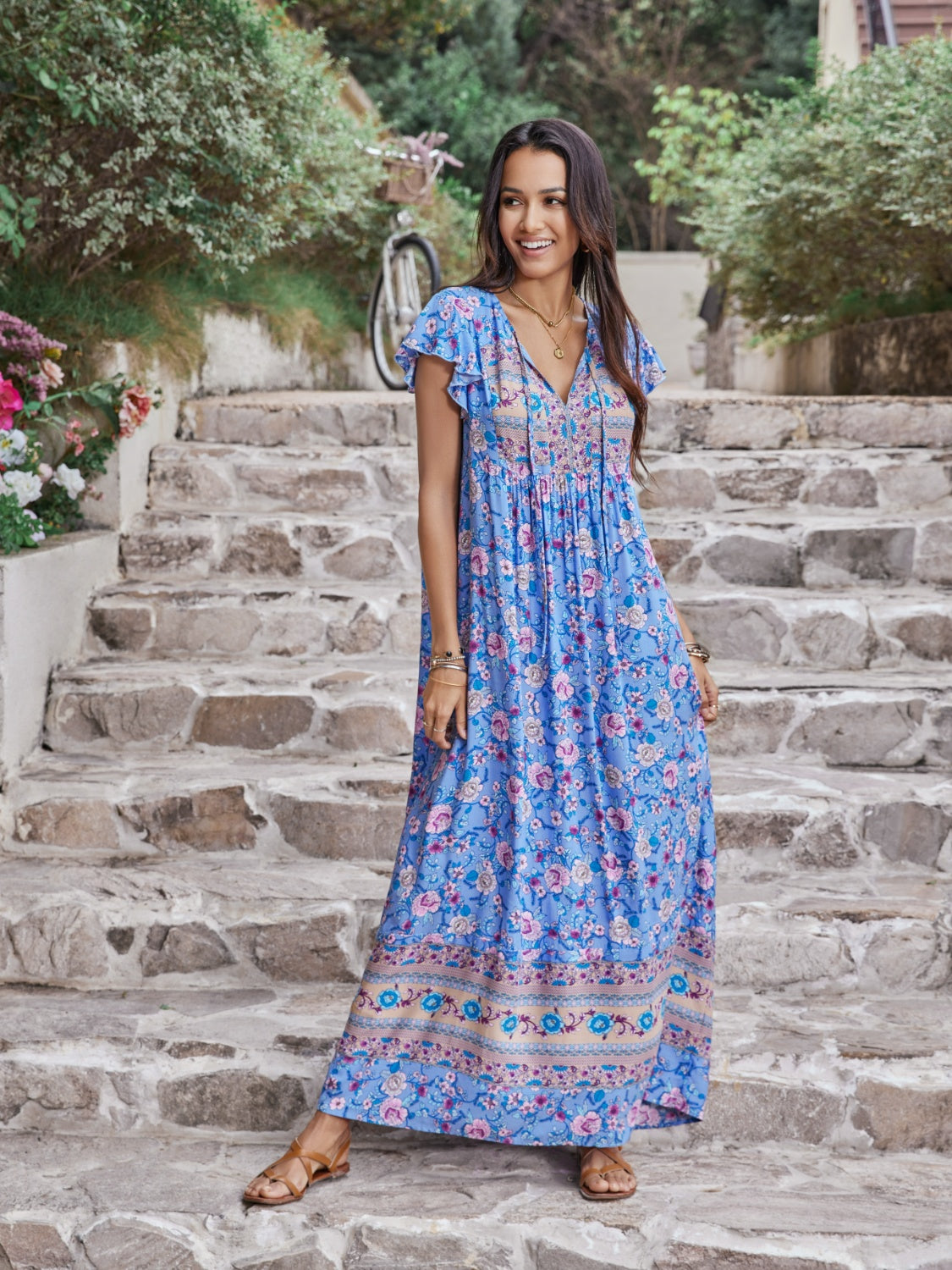 Buy blue Ruffled Printed Tie Neck Cap Sleeve Dress