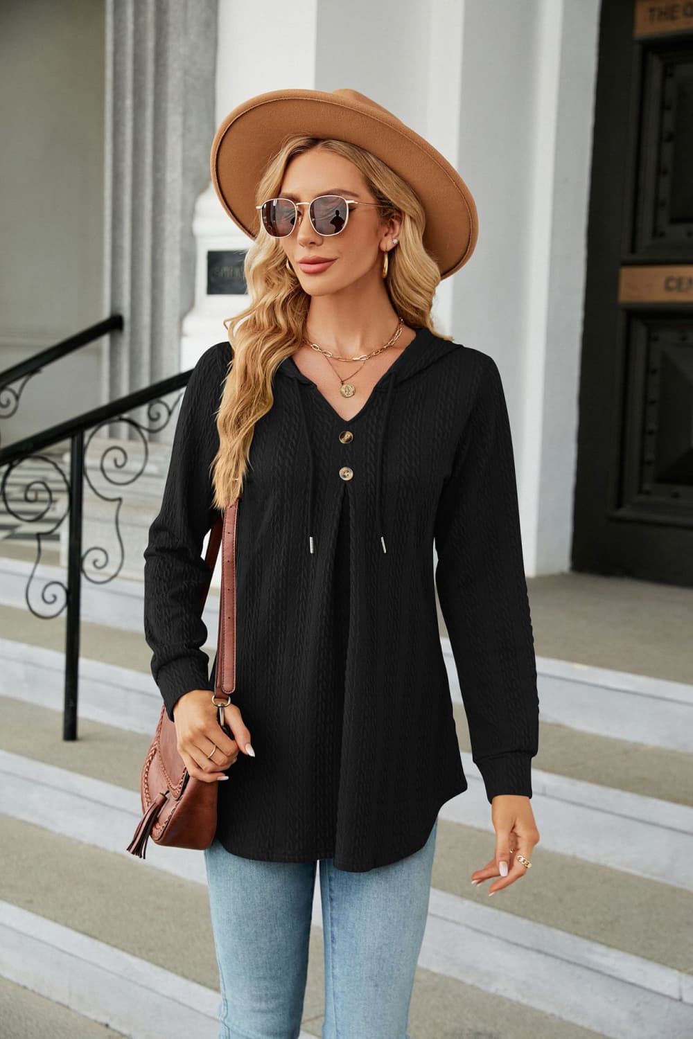 Buy black Long Sleeve Hooded Blouse