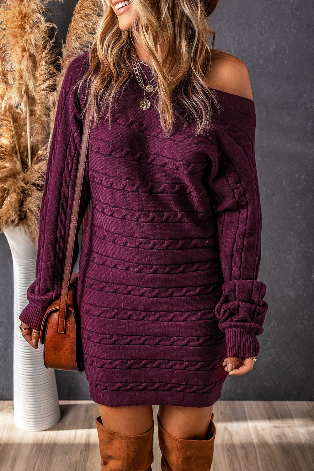 Buy magenta Cable-Knit Boat Neck Sweater Dress