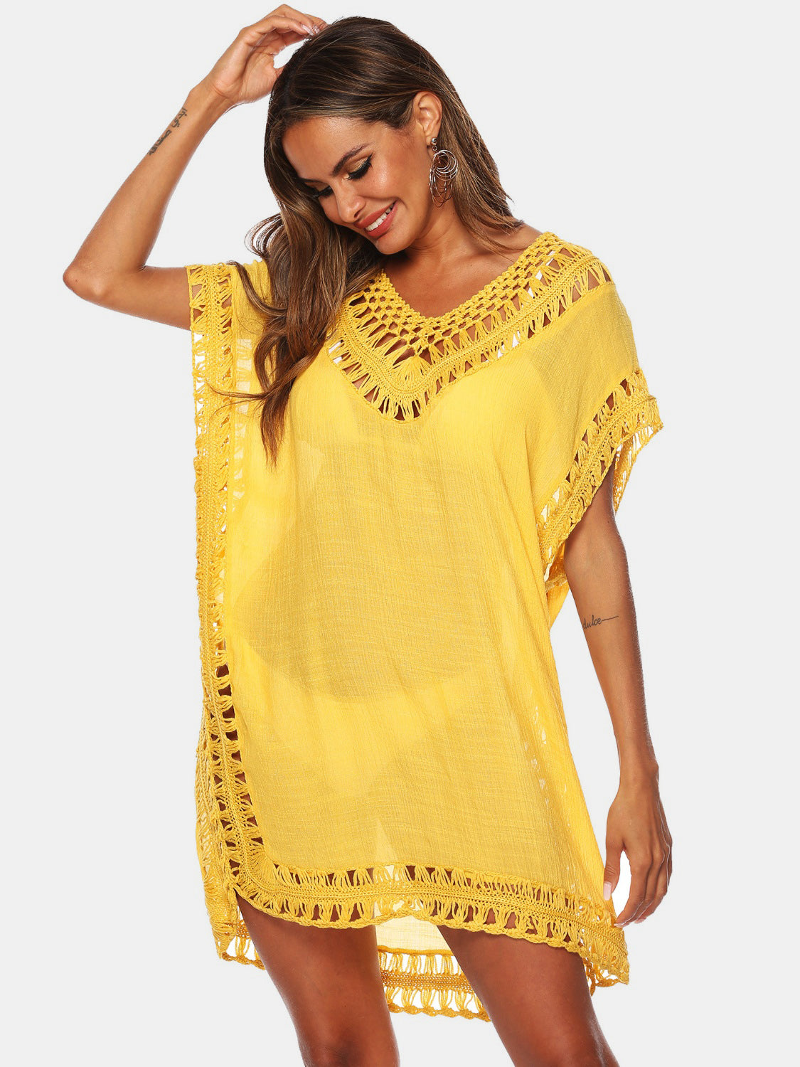 Buy yellow Cutout V-Neck Short Sleeve Cover-Up