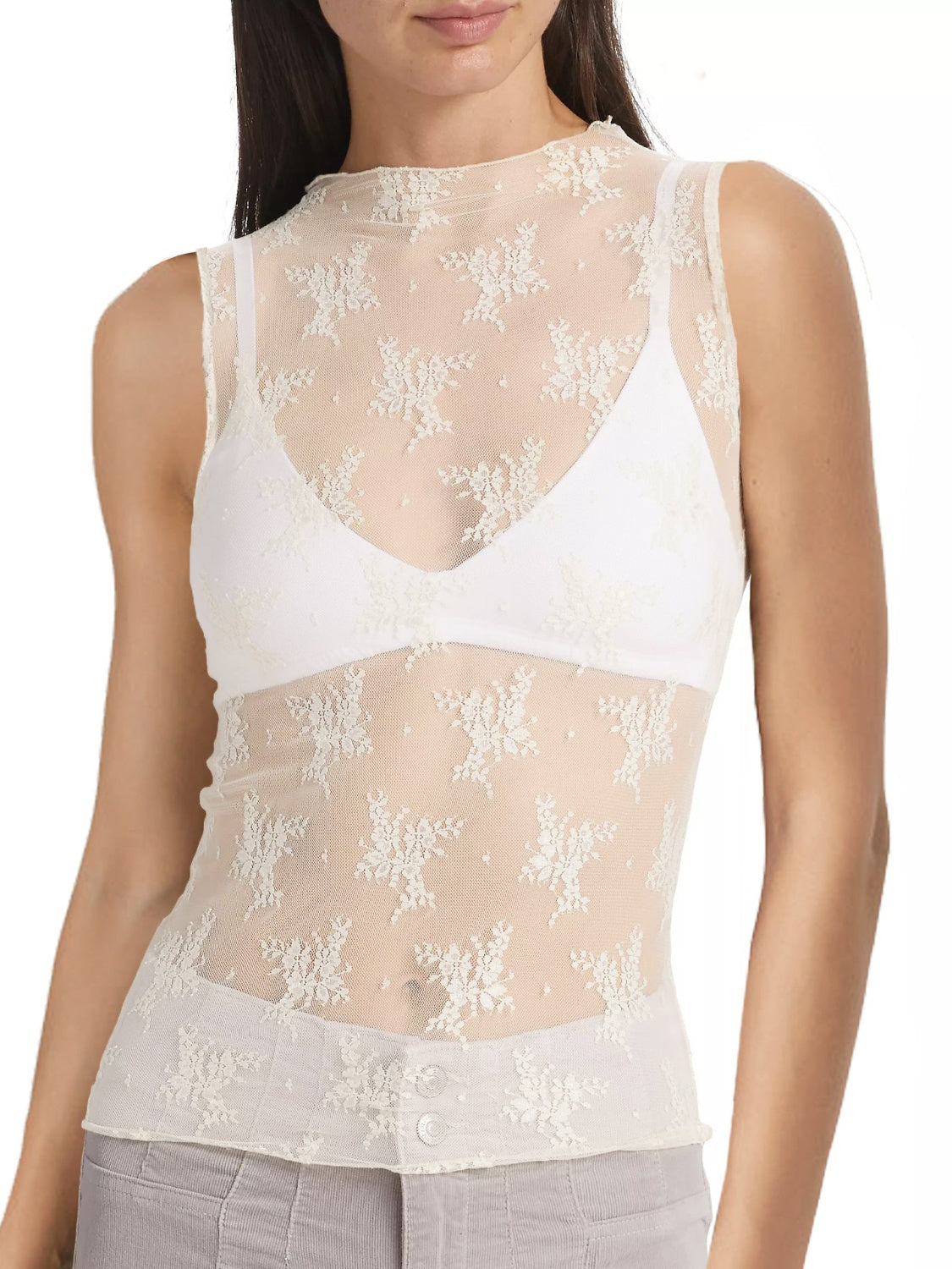 Buy cream Lace Mock Neck Top