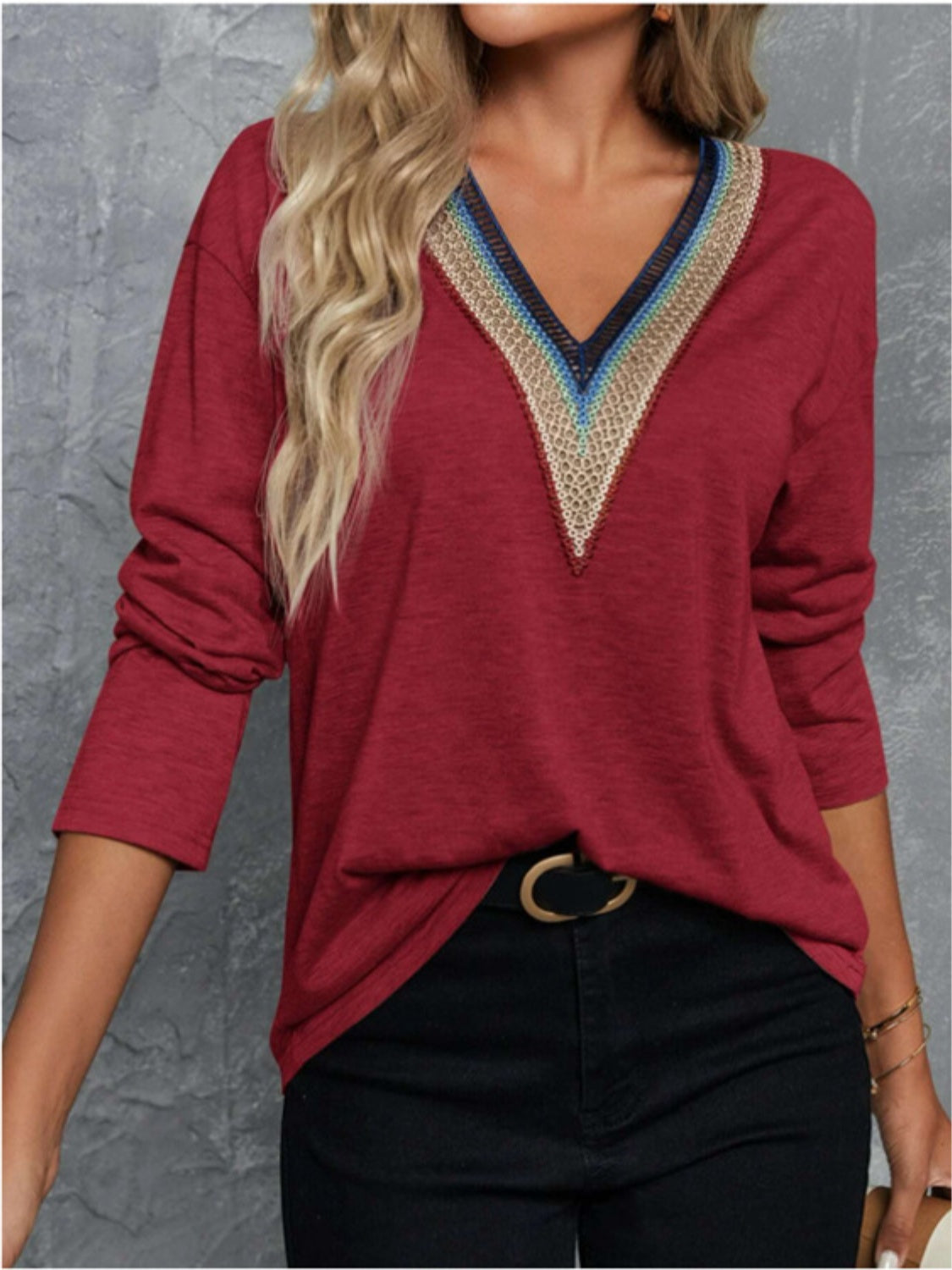 Buy burgundy V-Neck Long Sleeve T-Shirt