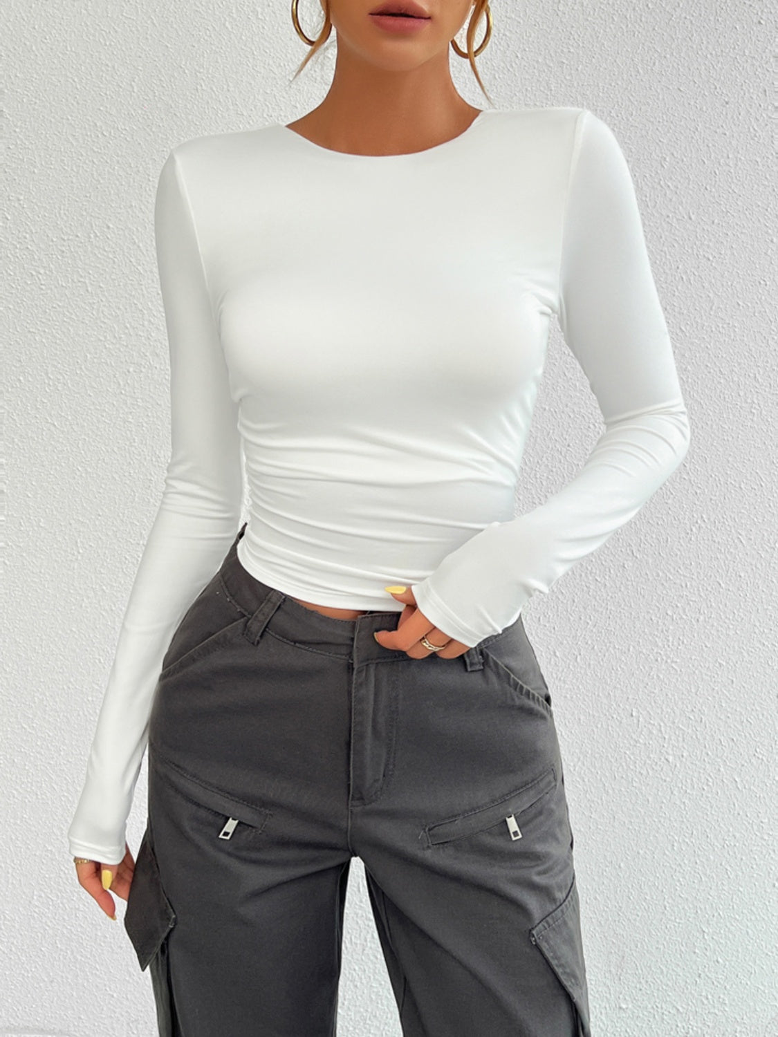 Buy white Devine Backless Round Neck Long Sleeve T-Shirt