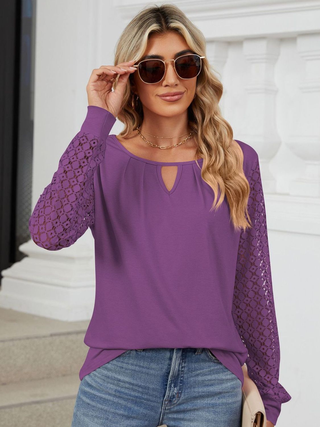 Buy mauve Cutout Round Neck Long Sleeve T-Shirt