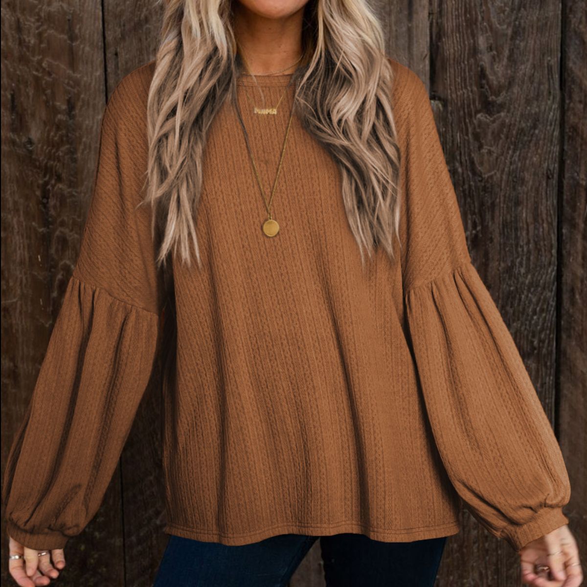 Buy camel Round Neck Long Sleeve Ruched Blouse