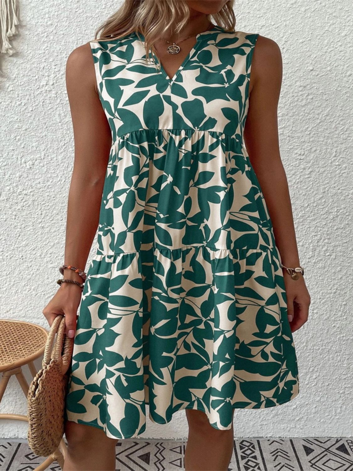 Buy turquoise Printed Notched Sleeveless Mini Dress