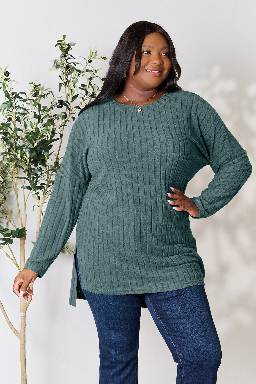 Buy teal Basic Bae Full Size Ribbed Round Neck Long Sleeve Slit Top