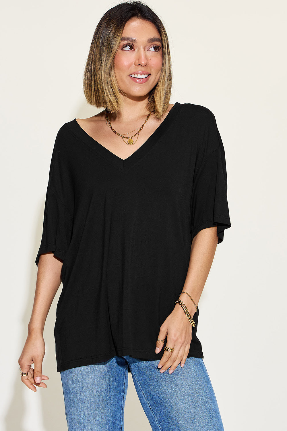 Buy black Basic Bae Full Size Bamboo V-Neck Drop Shoulder T-Shirt