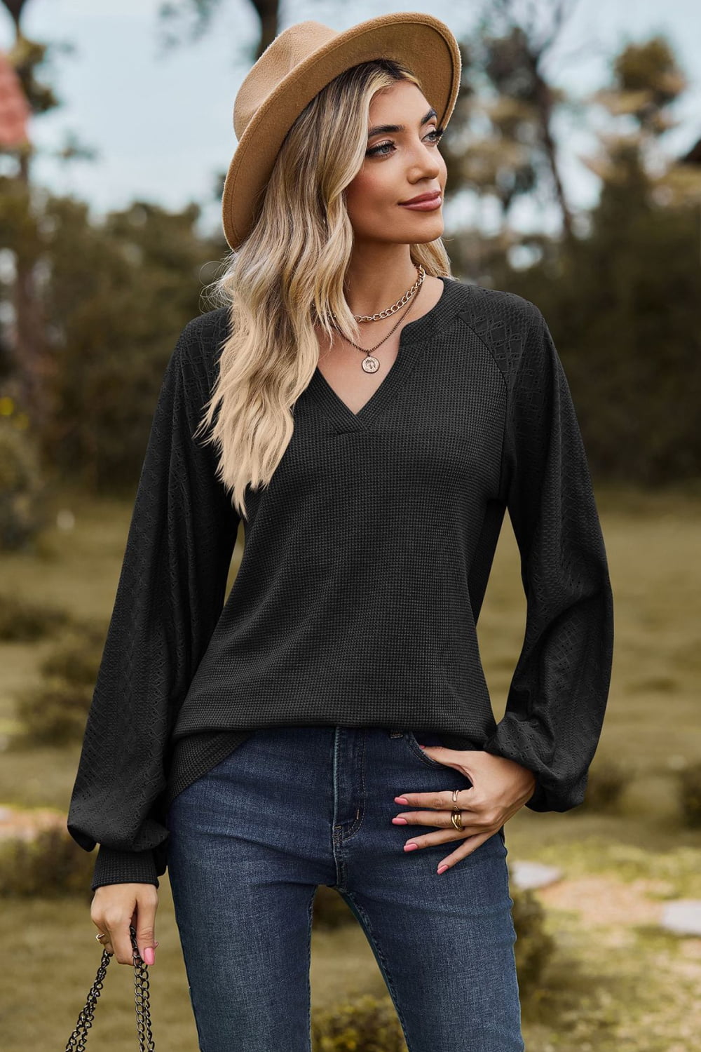 Buy black Notched Neck Raglan Sleeve Blouse