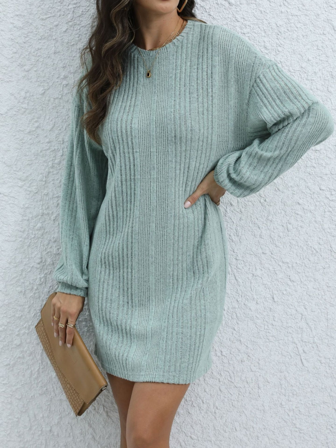 Buy air-force-blue Round Neck Long Sleeve Mini Dress