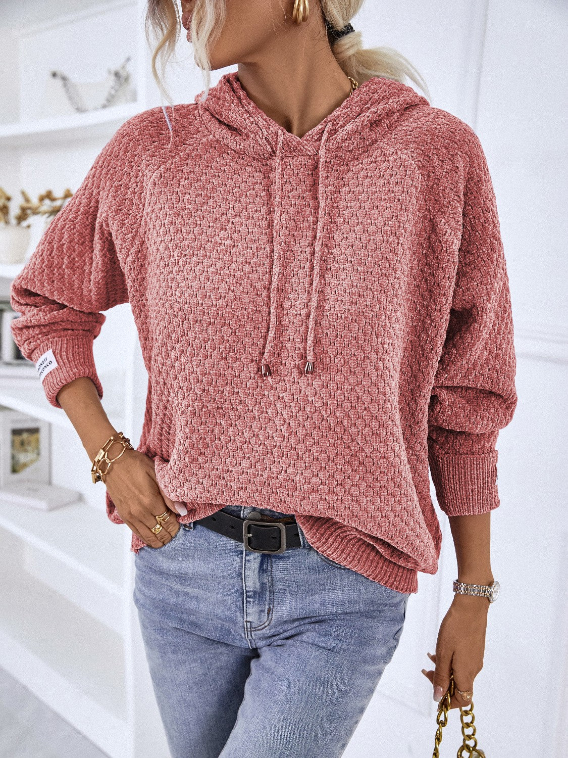 Buy burnt-coral Texture Drawstring Long Sleeve Hooded Sweater