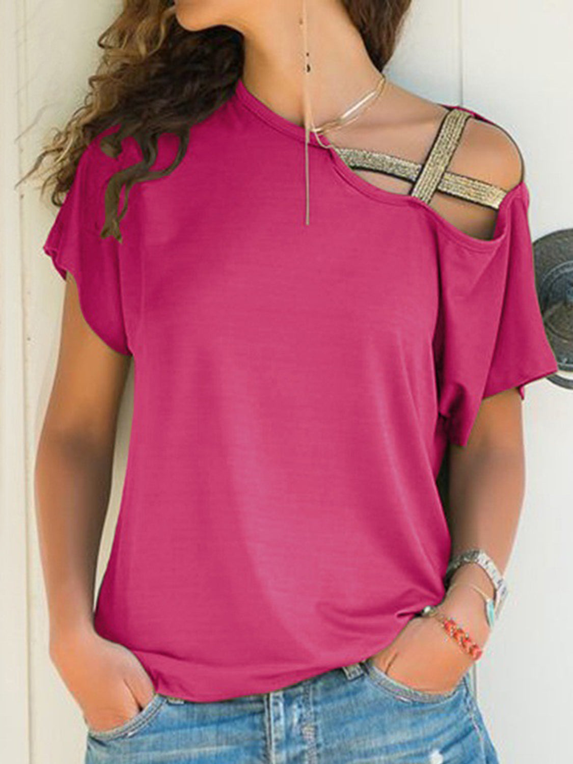 Buy deep-rose Asymmetrical Neck Short Sleeve T-Shirt