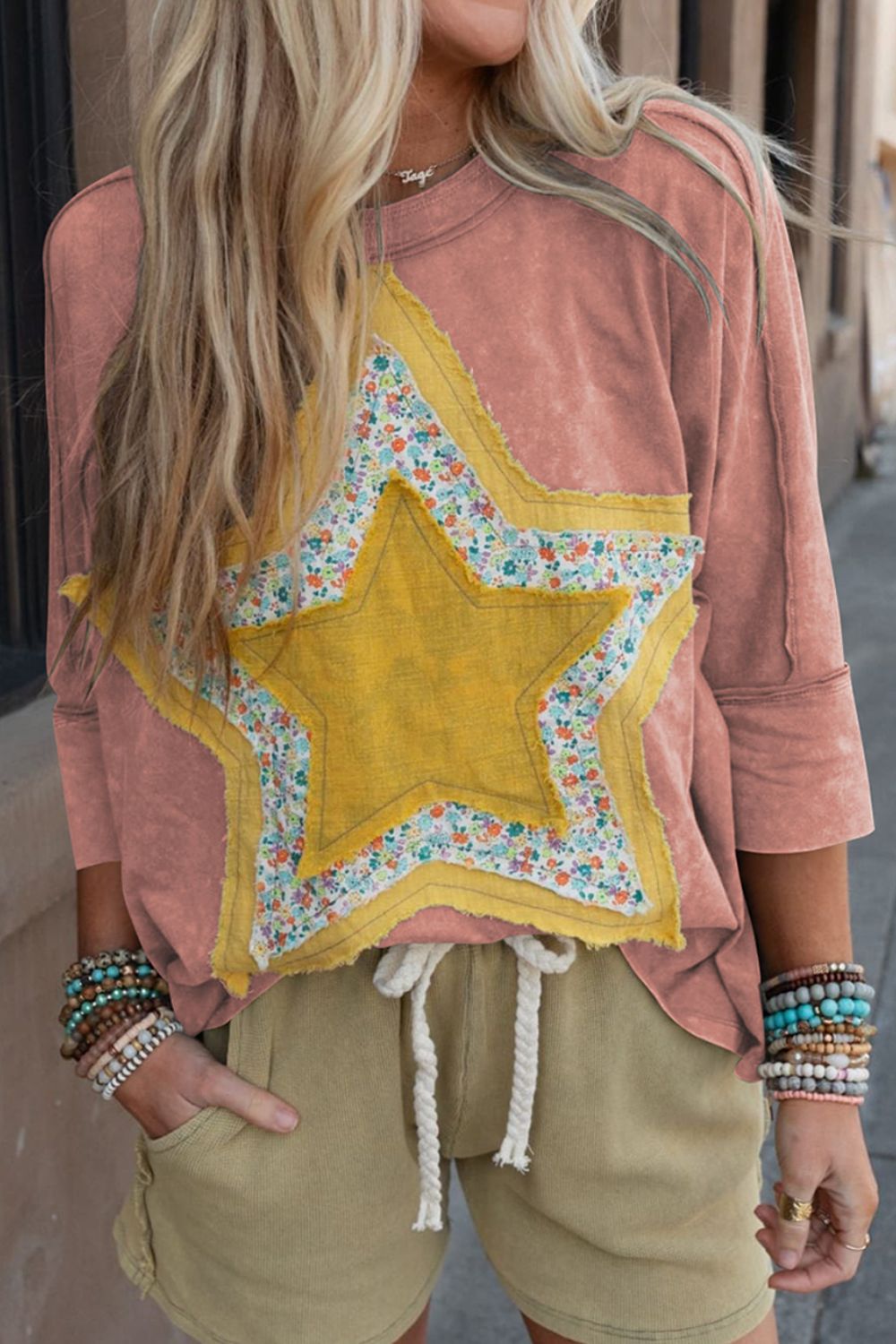 Buy dusty-pink Star Applique Round Neck T-Shirt