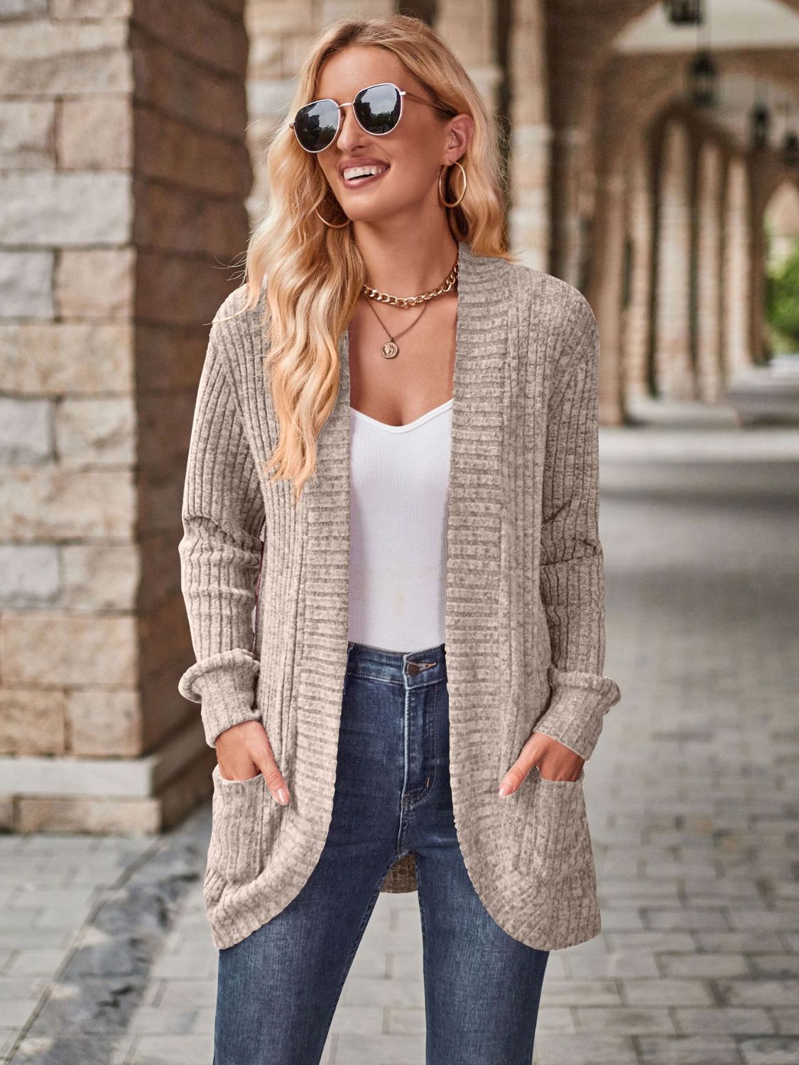 Buy tan Open Front Cardigan with Pockets