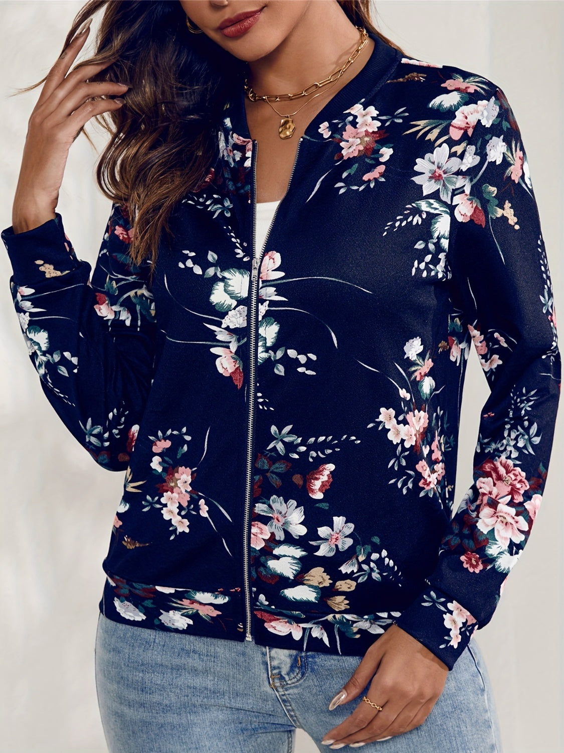 Buy dark-navy Printed Zip Up Long Sleeve Outerwear