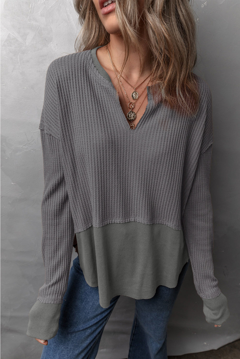 Buy dark-gray Waffle-Knit Exposed Seam Notched Long Sleeve Top