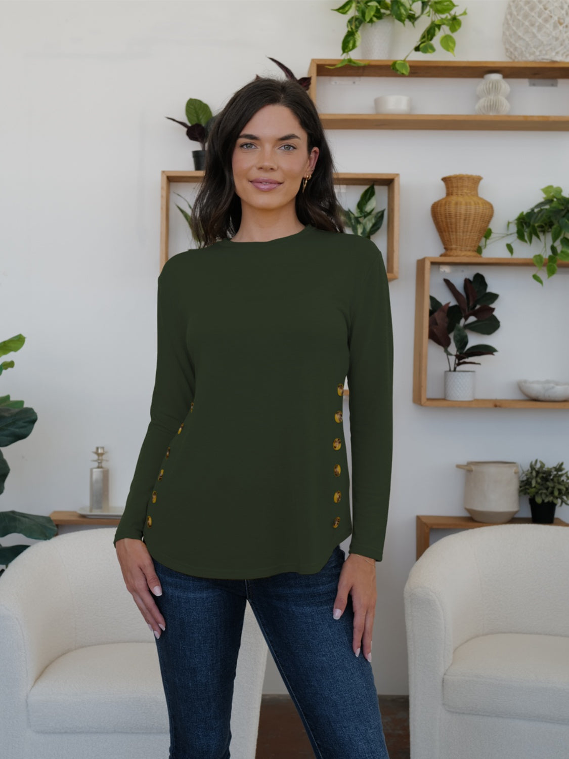 Buy army-green FAM-FAM Round Neck Long Sleeve T-Shirt