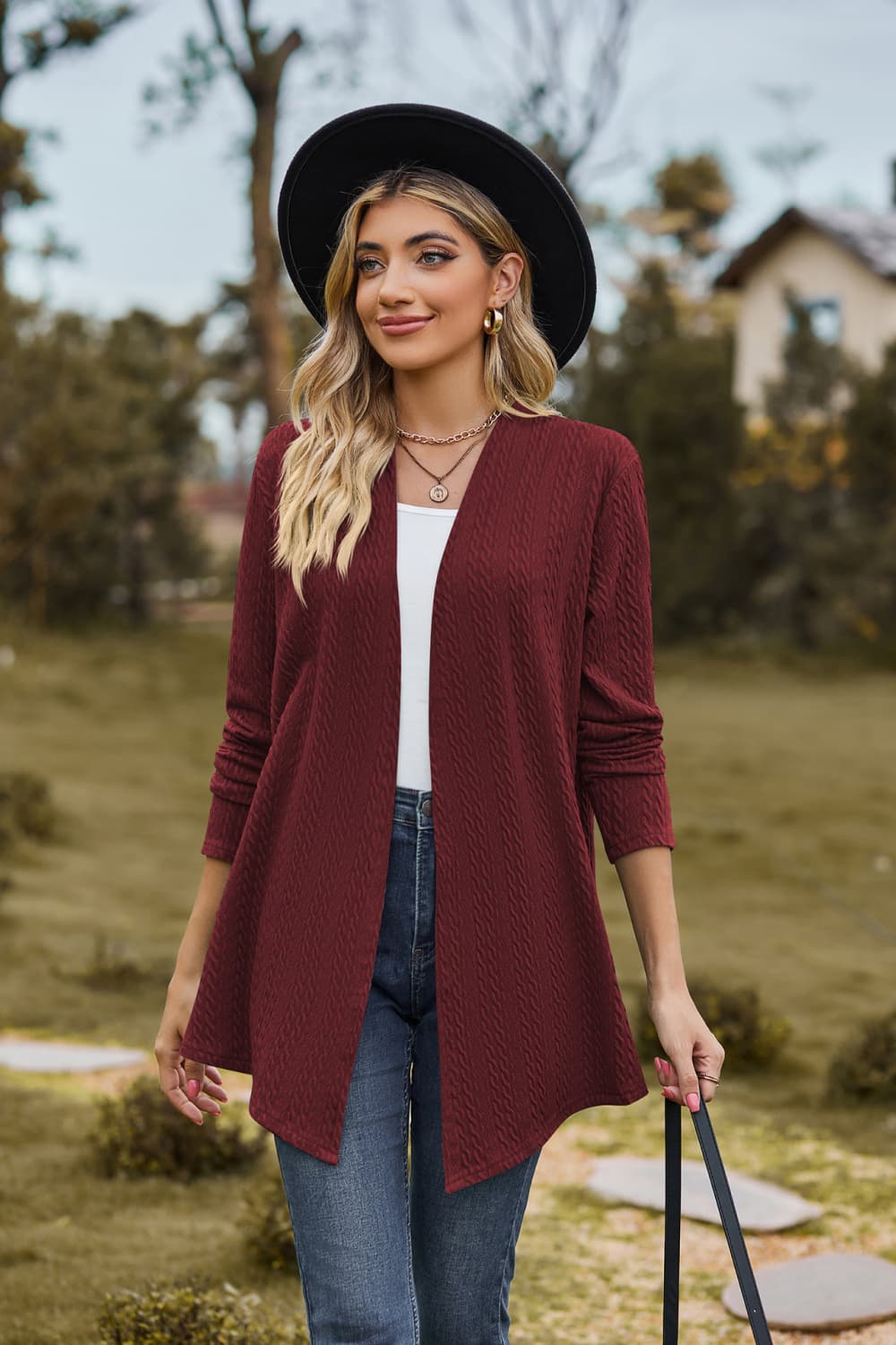 Buy burgundy Open Front Long Sleeve Cardigan