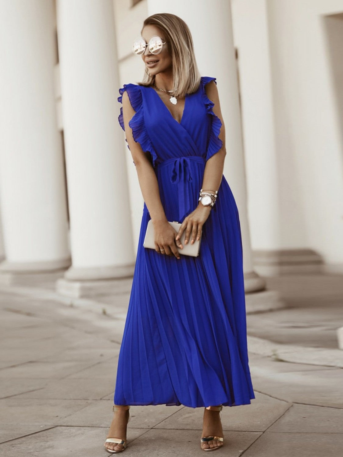 Buy dark-blue Tied Surplice Cap Sleeve Pleated Dress