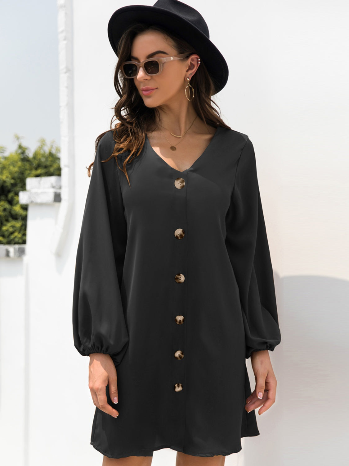 Buy black V-Neck Long Sleeve Mini Dress