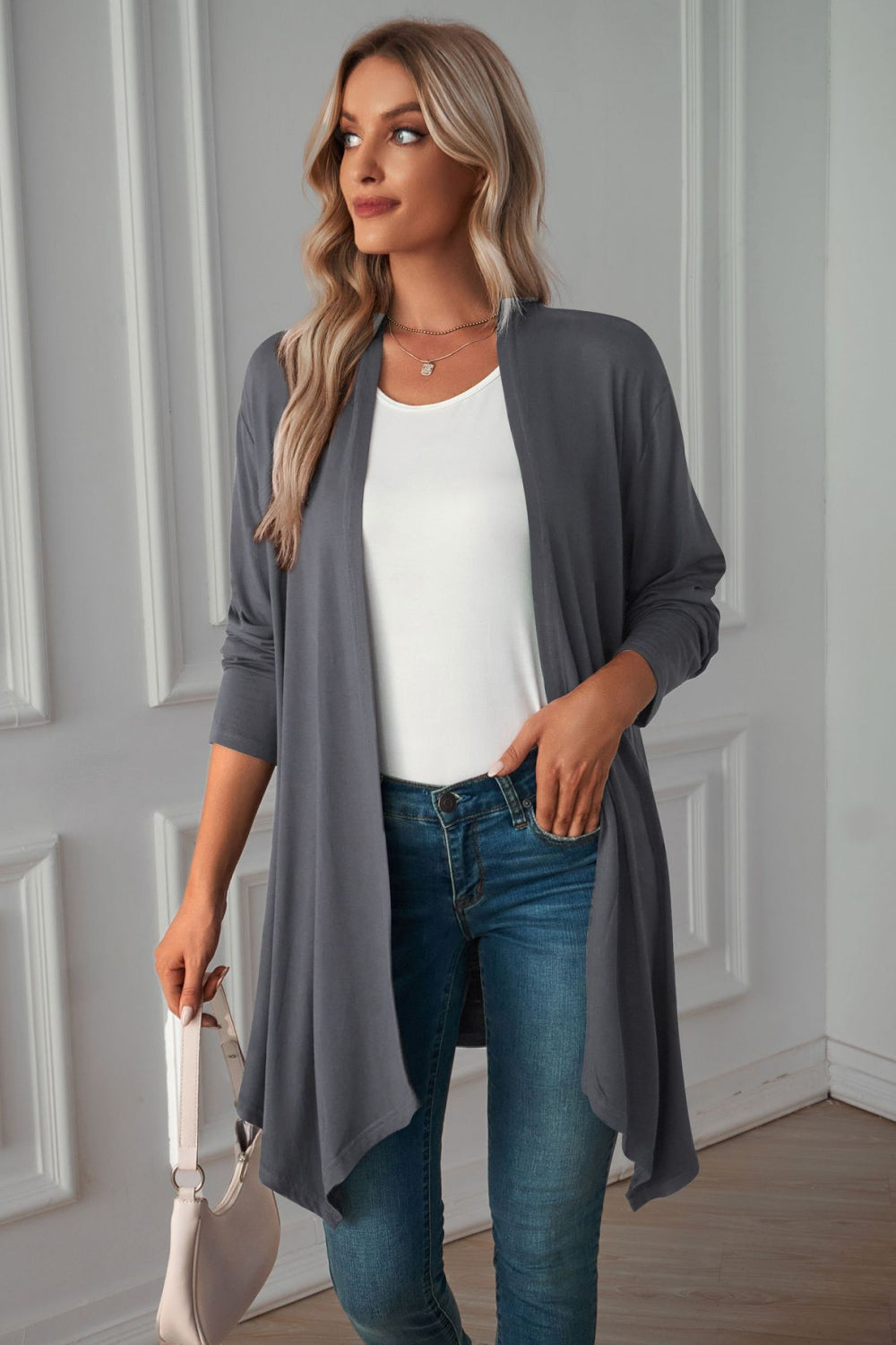 Buy dark-gray Open Front Long Sleeve Cardigan