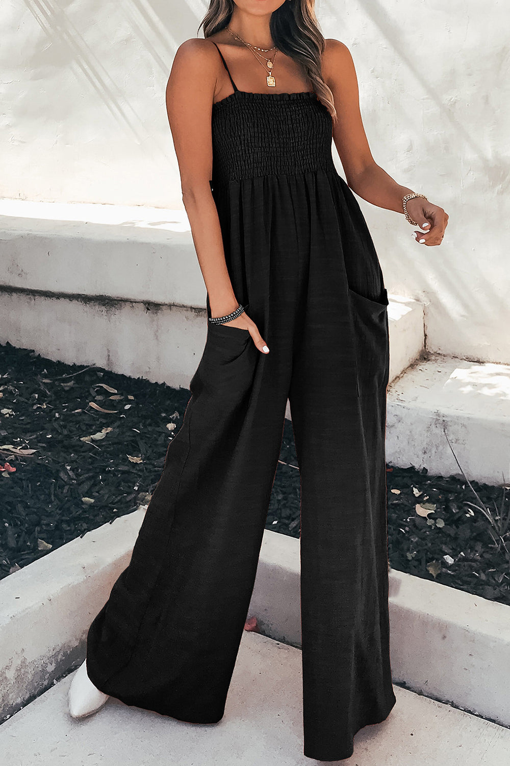 Buy black Smocked Spaghetti Strap Wide Leg Jumpsuit