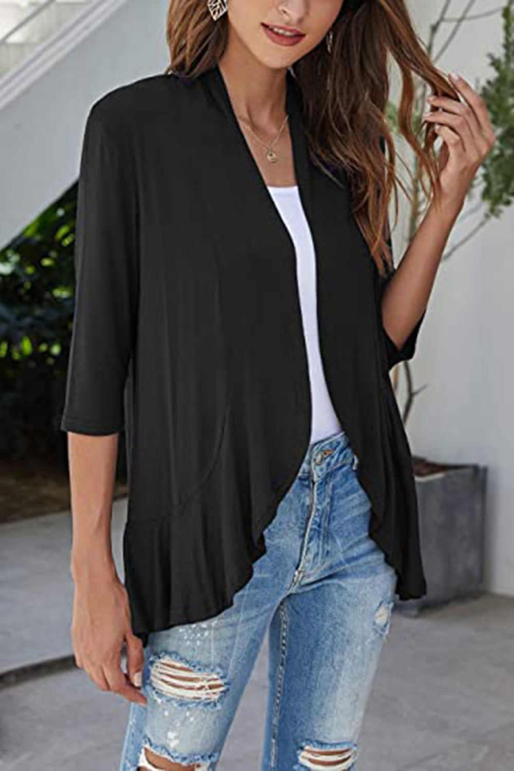 Buy black Open Front Ruffle Trim Cardigan