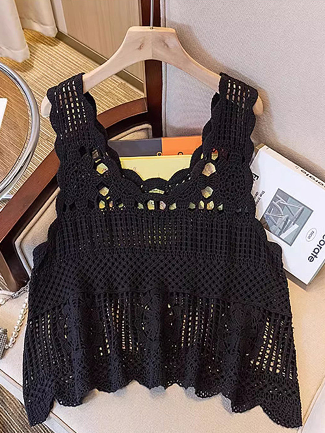 Buy black Openwork Scoop Neck Tank