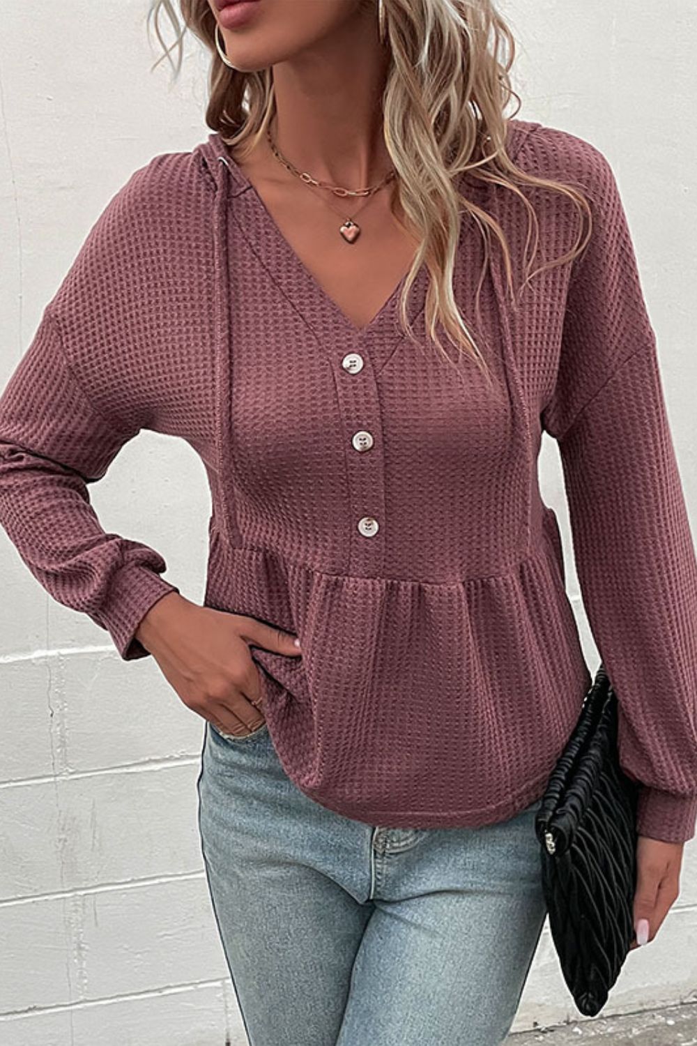 Perfee Waffle-Knit Buttoned Drop Shoulder Hoodie