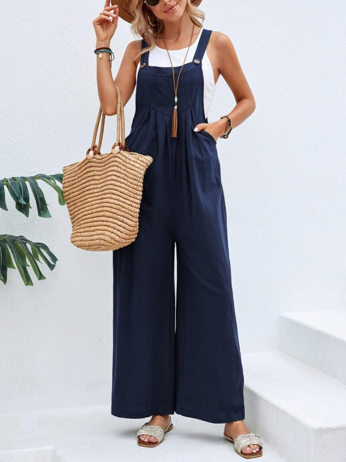 Buy navy Full Size Square Neck Wide Strap Overalls