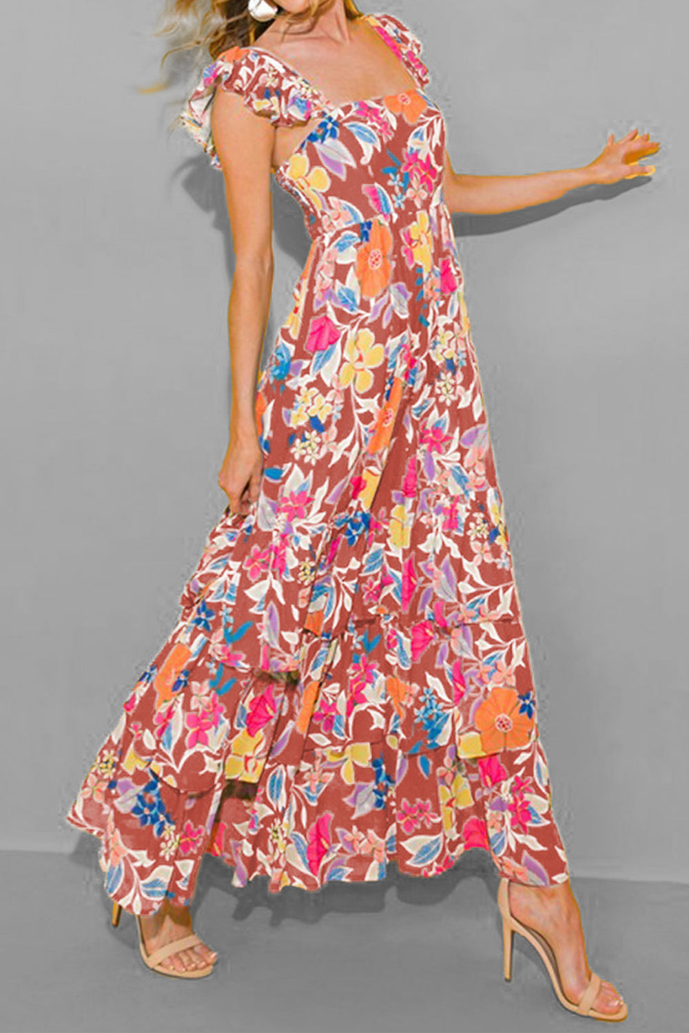 Buy hot-pink Tiered Ruffled Printed Sleeveless Dress